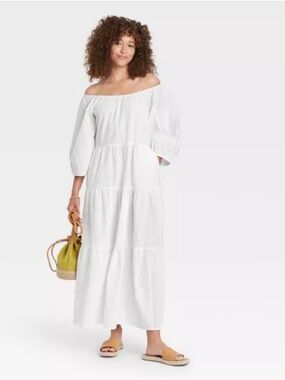 Universal Thread 100% Cotton Boho Tiered Maxi Dress Puff Sleeve M Pockets White